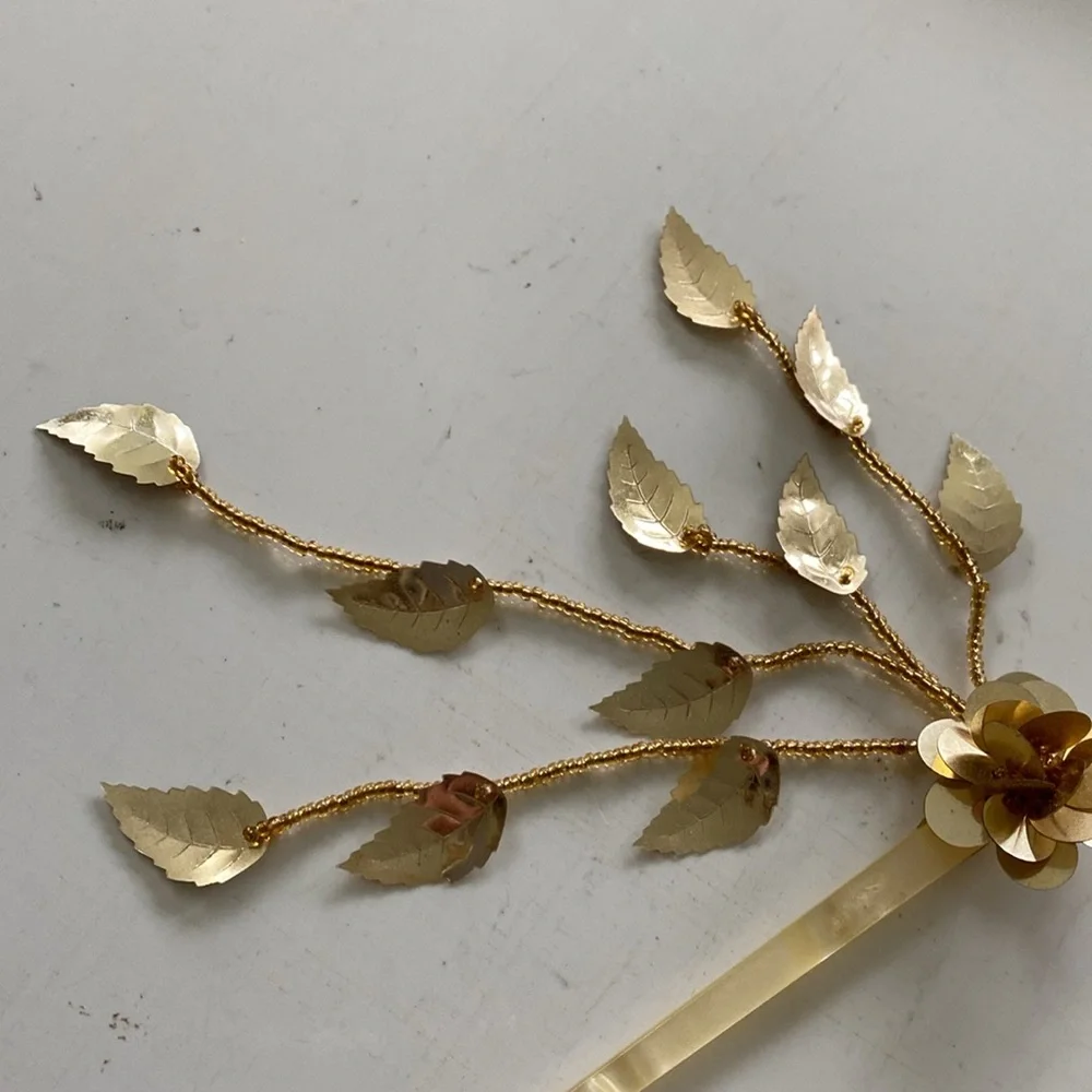 Vintage Gold Flower Hair Stick Pin with Gold Leaf Tassels. Made in Hong Kong
